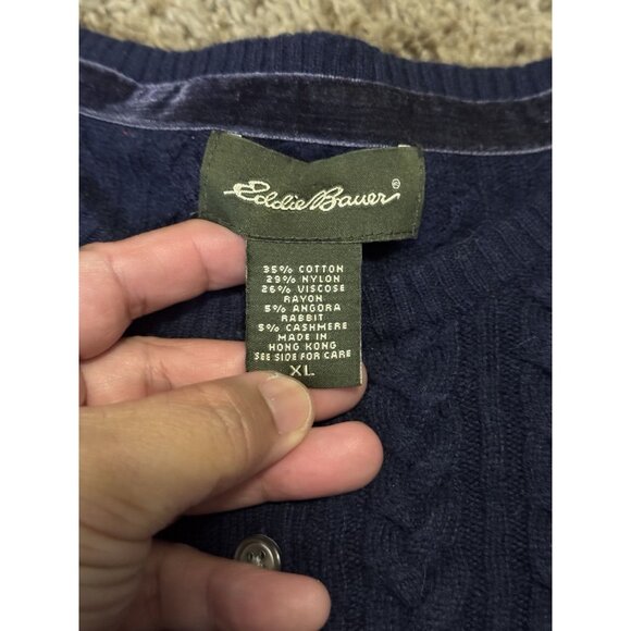 VTG EDDIE BAUER Navy Cashmere Angora Blend Cable Knit Sweater Cardigan Preppy XL - Picture 3 of 6